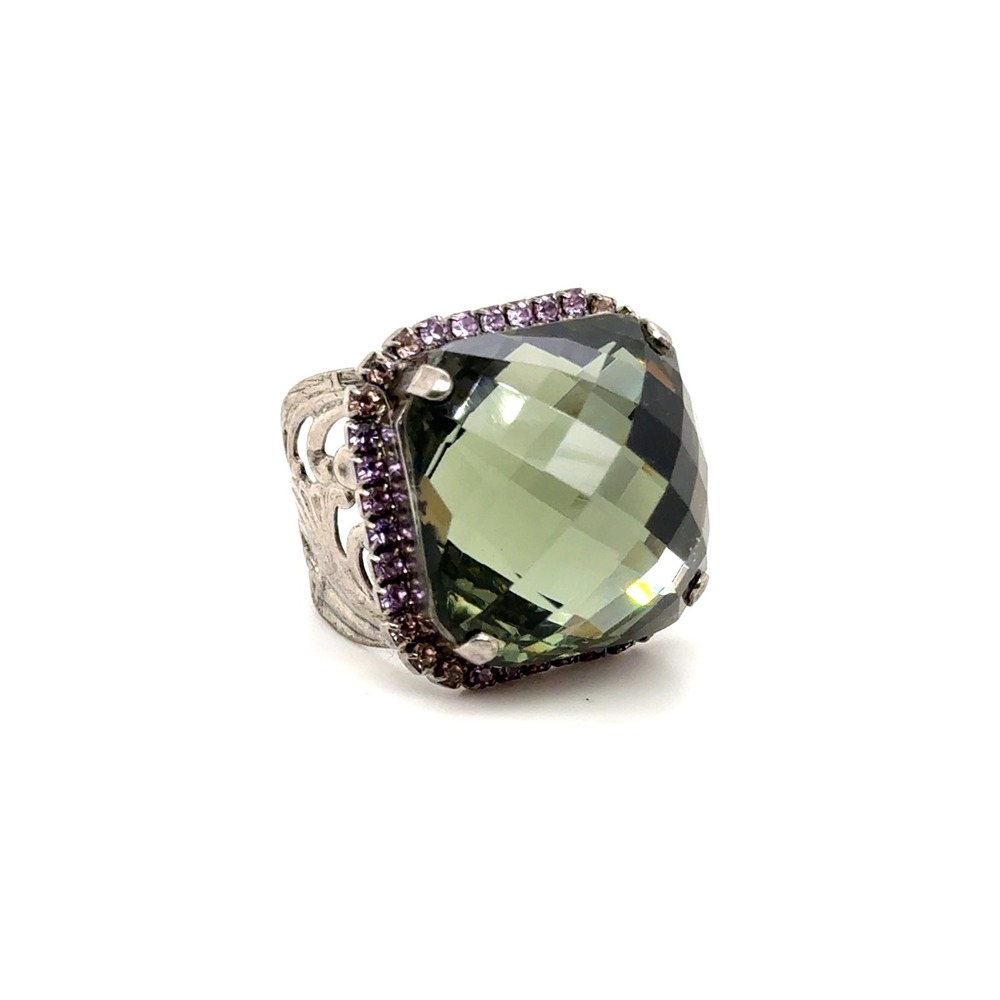 Sorrelli Green Cushion Cut Crystal Statement Ring Purple Halo Silver Tone 9.5